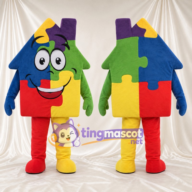Puzzle House Mascot Costume - Multicolor Panels and Smiling Face