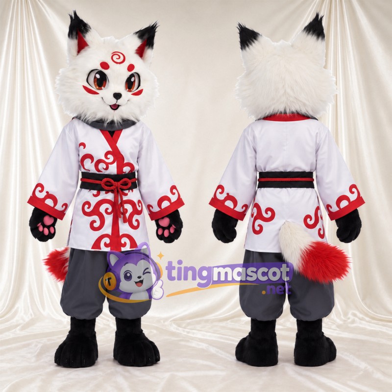 Costume de mascotte Renard – blanc – Tunique longue (rouge, à motifs); Pantalon (noir)