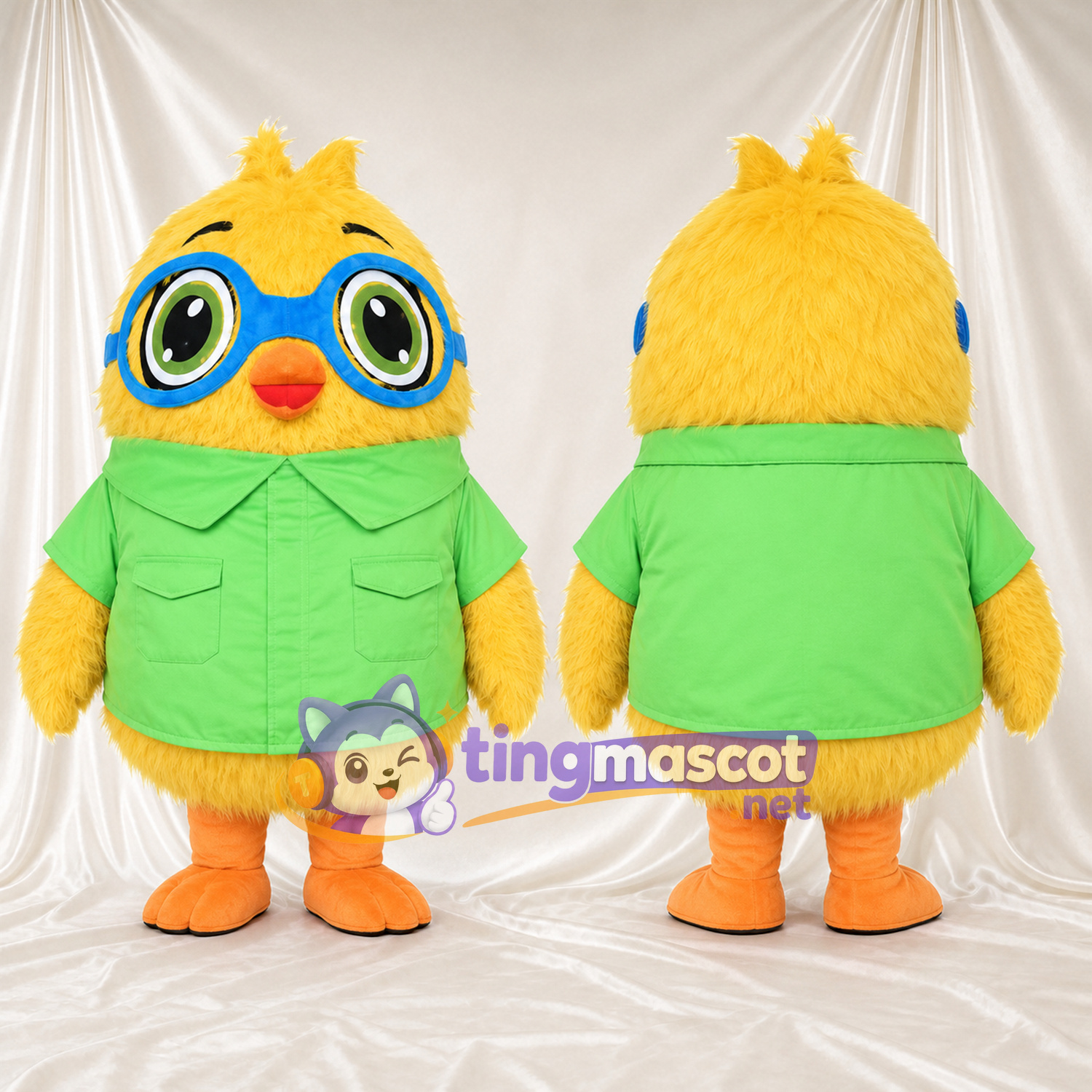 Costume de mascotte Poussin – jaune – Lunettes (bleu); Chemise (vert)