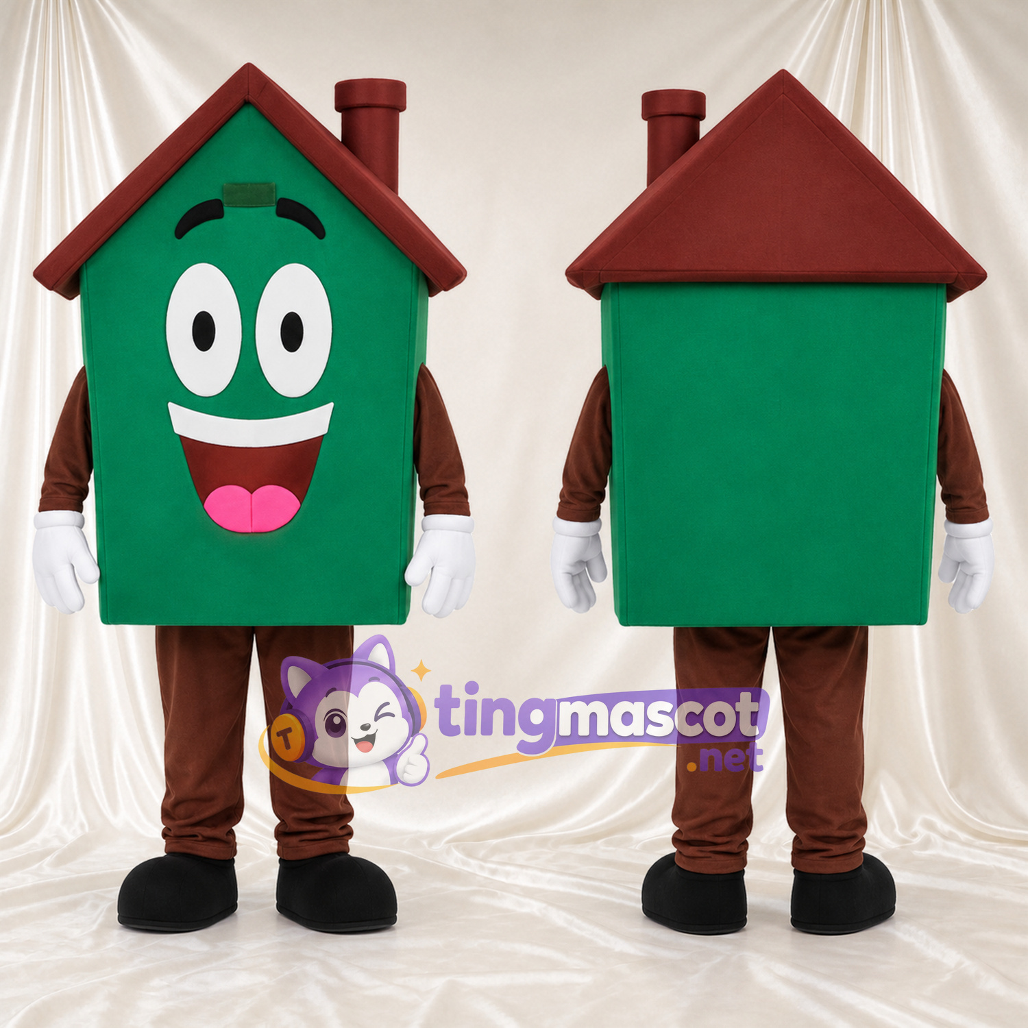 Green House Mascot Costume - Brown Roof and Smiling Face Green House Mascot Costume - Brown Roof and Smiling Face