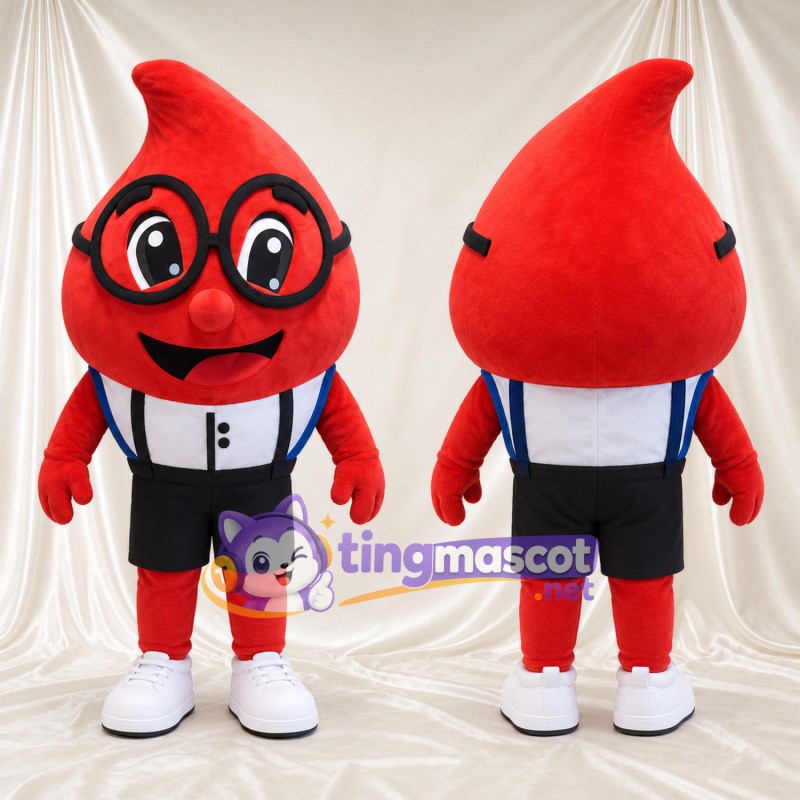 Red Blood Drop Mascot Costume - Black Glasses and Suspenders