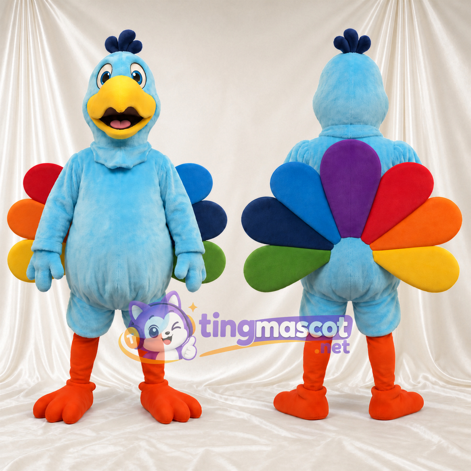 Blue Turkey Mascot Costume - Colorful Tail Feathers and Orange Legs Blue Turkey Mascot Costume - Colorful Tail Feathers and Orange Legs
