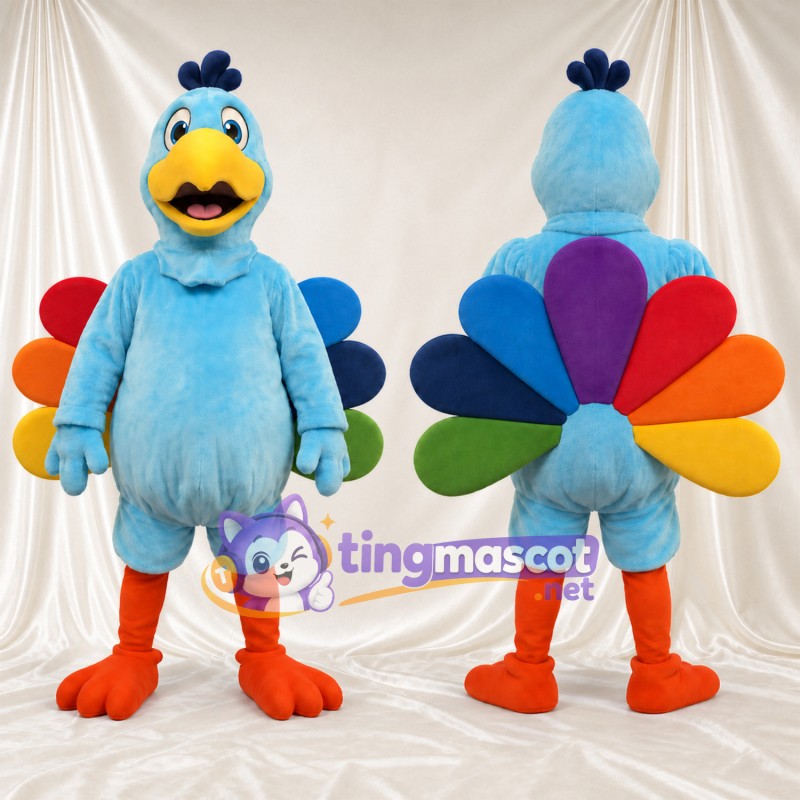 Blue Turkey Mascot Costume - Colorful Tail Feathers and Orange Legs