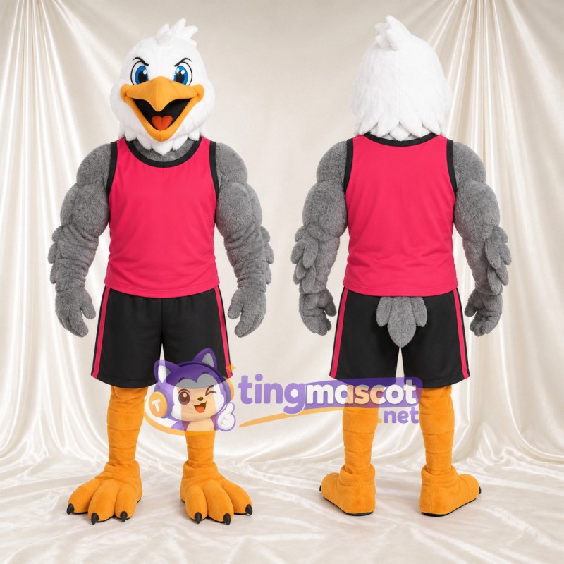 Costume de mascotte Aigle – gris – Haut (rouge); Short (noir)