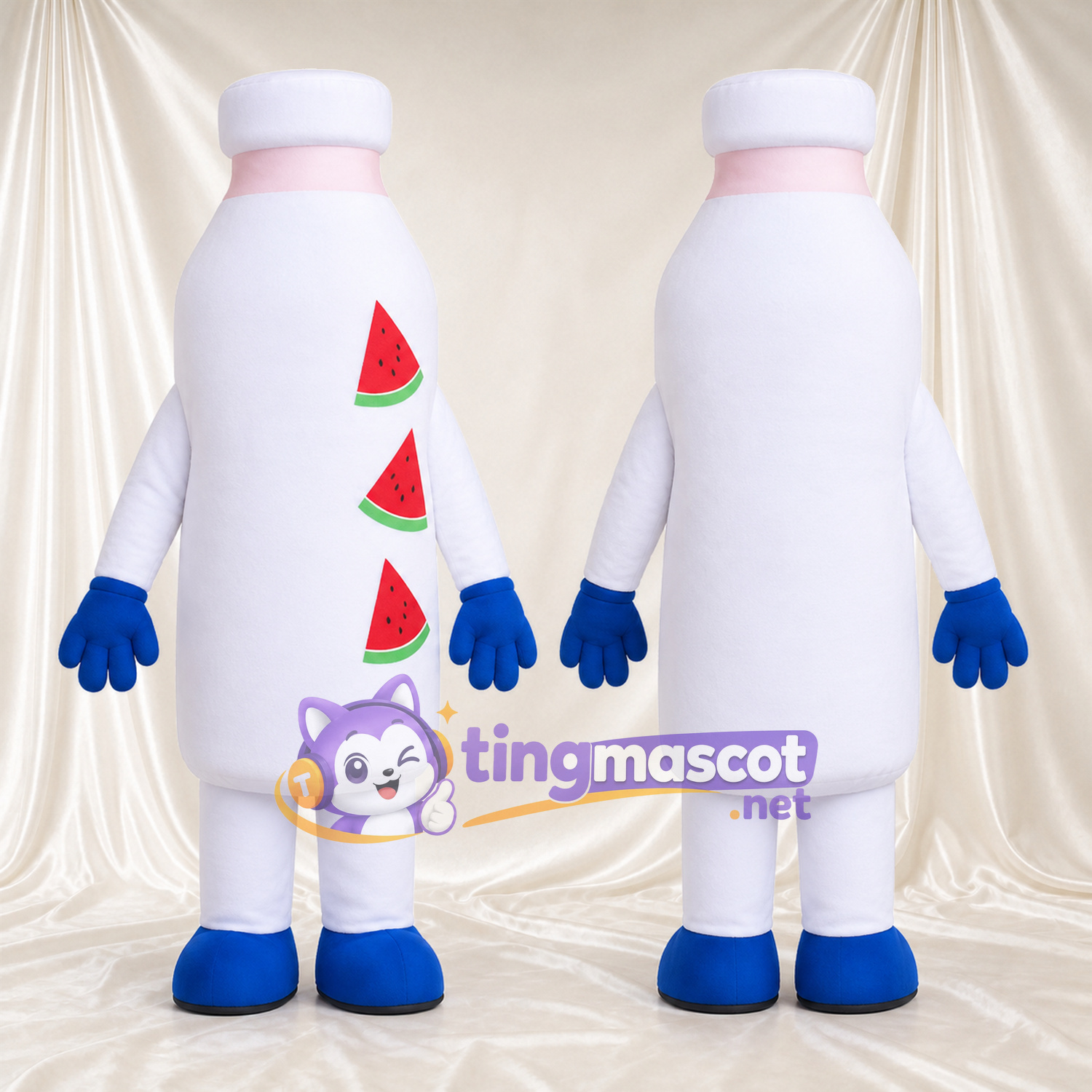 Costume de mascotte Bouteille de boisson – blanc – Gants (bleu) Costume de mascotte Bouteille de boisson – blanc – Gants (bleu)