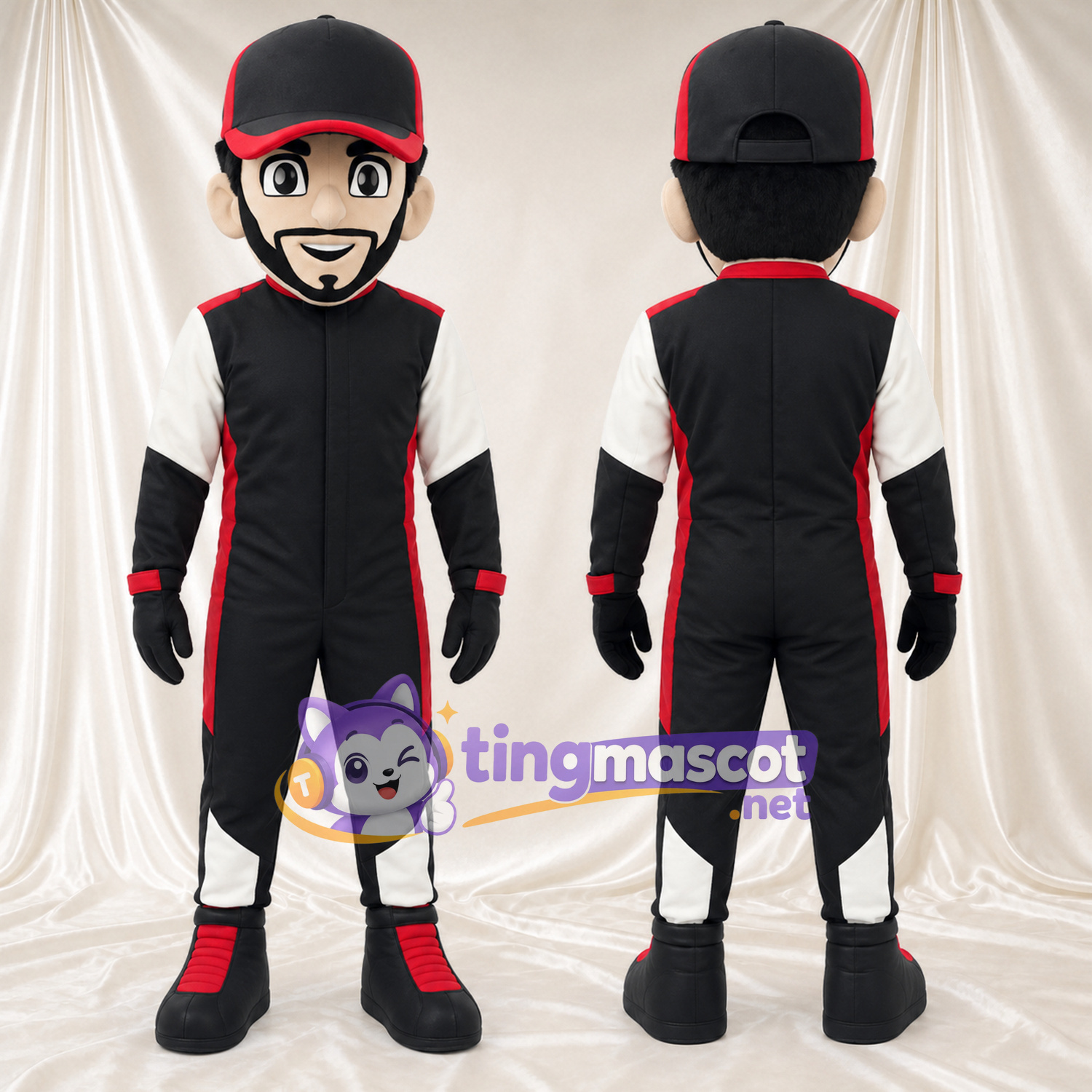 Costume de mascotte Pilote de course – selon la photo – Costume (noir); Bordure (rouge) Costume de mascotte Pilote de course – selon la photo – Costume (noir); Bordure (rouge)