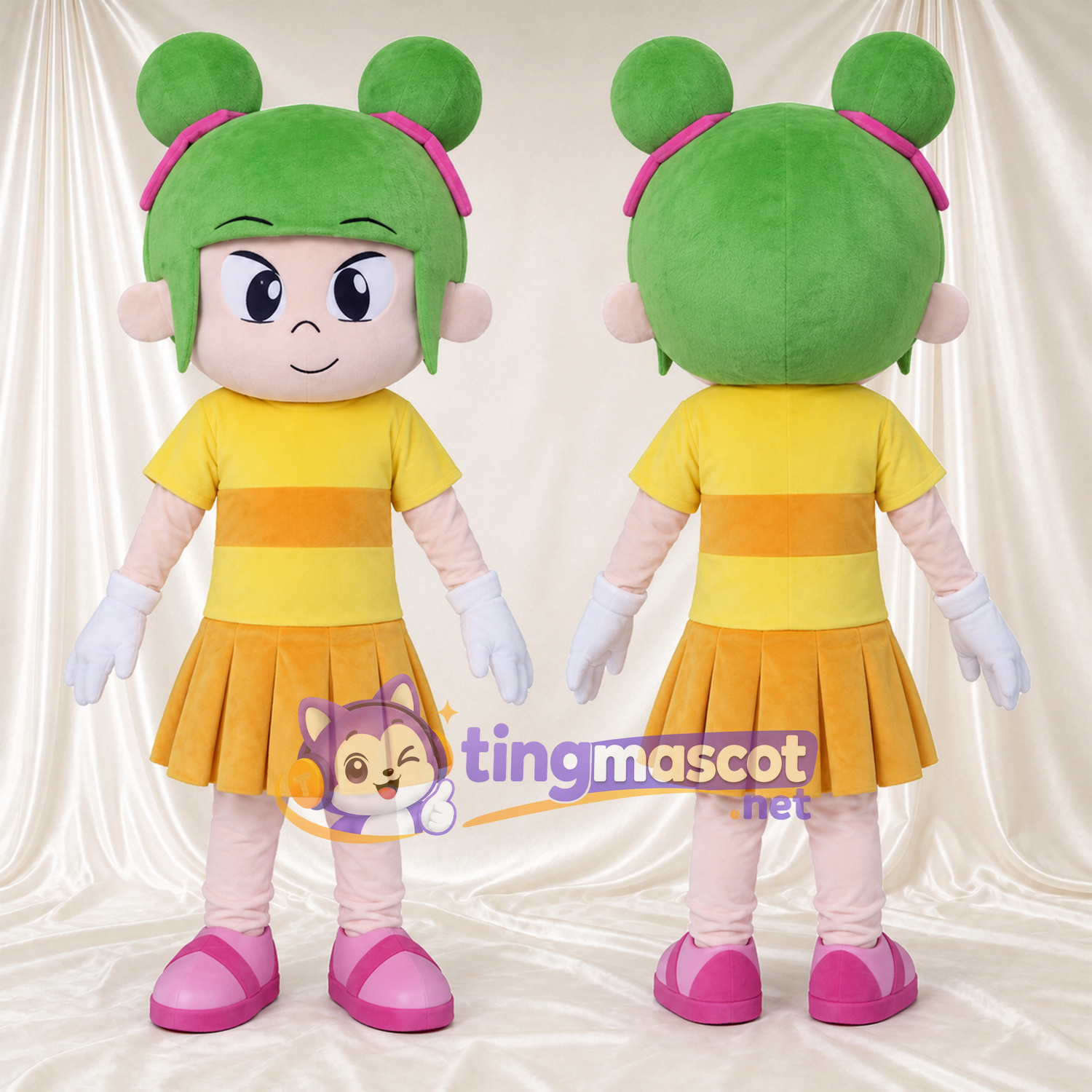 Costume de mascotte Fille – vert – Haut (jaune, rayé); Jupe (plissé) Costume de mascotte Fille – vert – Haut (jaune, rayé); Jupe (plissé)
