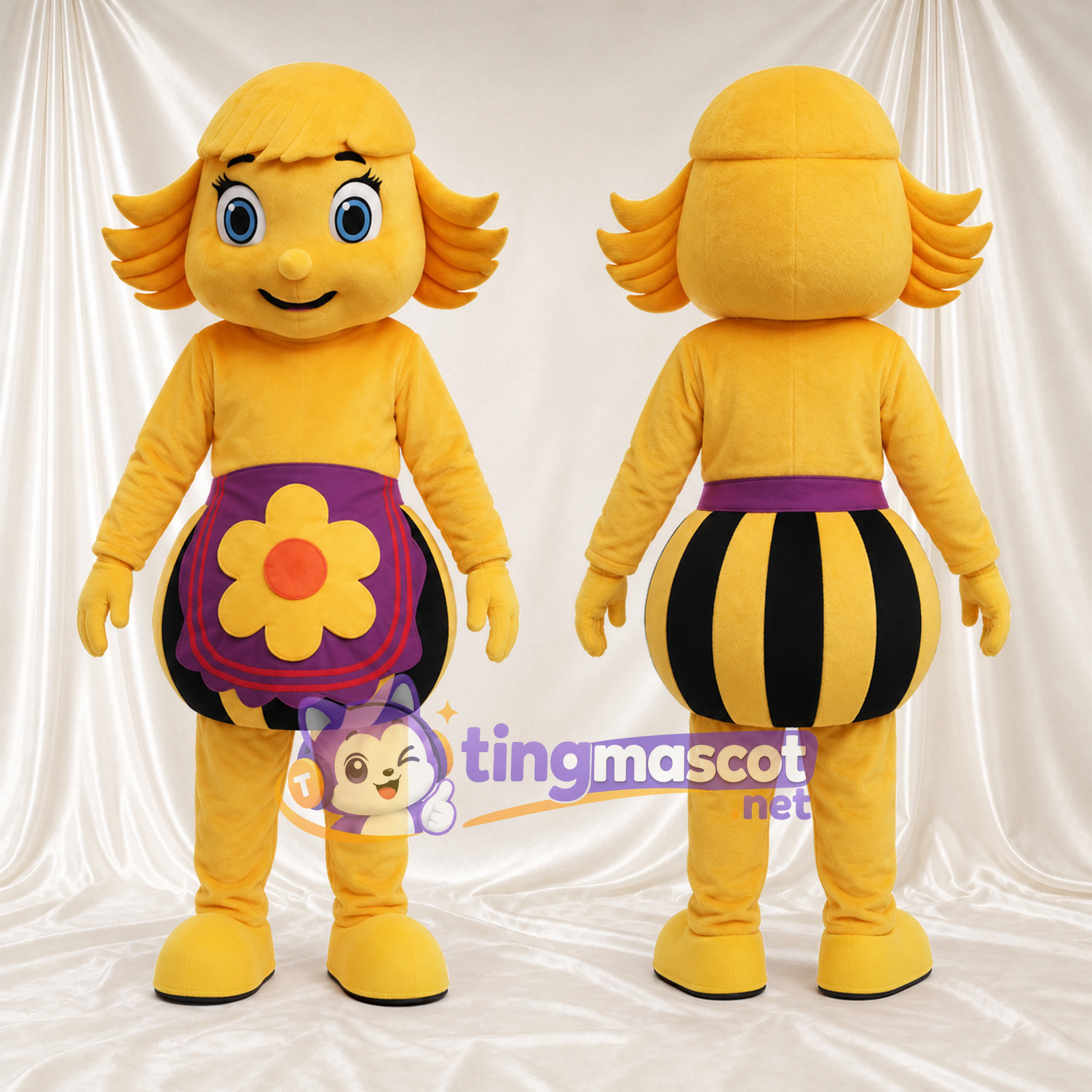 Maskottchenkostüm Mädchenfigur – gelb – Rock (violett) Maskottchenkostüm Mädchenfigur – gelb – Rock (violett)