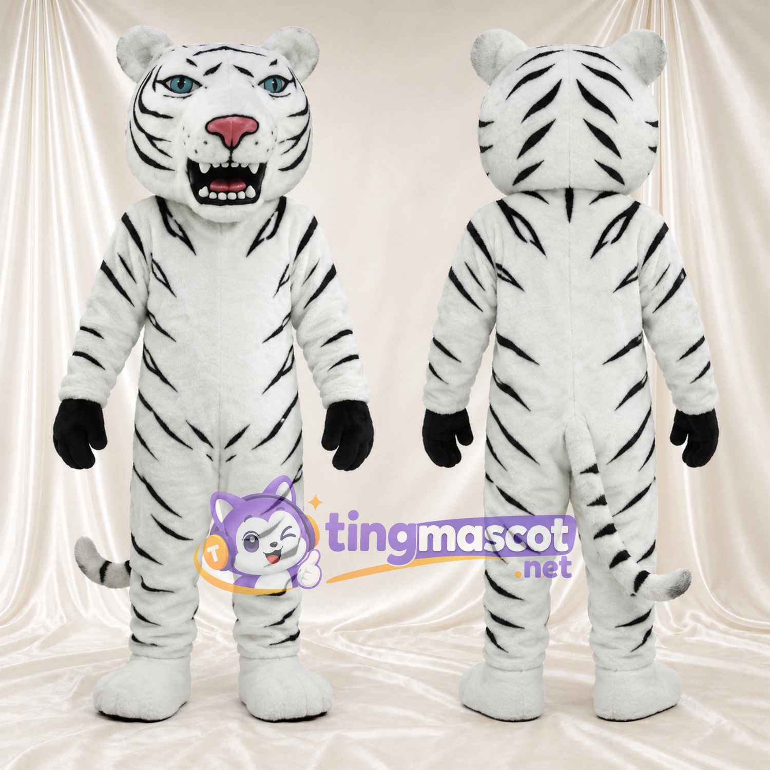 Costume de mascotte Tigre – blanc – Rayures (noir); Nez (rose) Costume de mascotte Tigre – blanc – Rayures (noir); Nez (rose)
