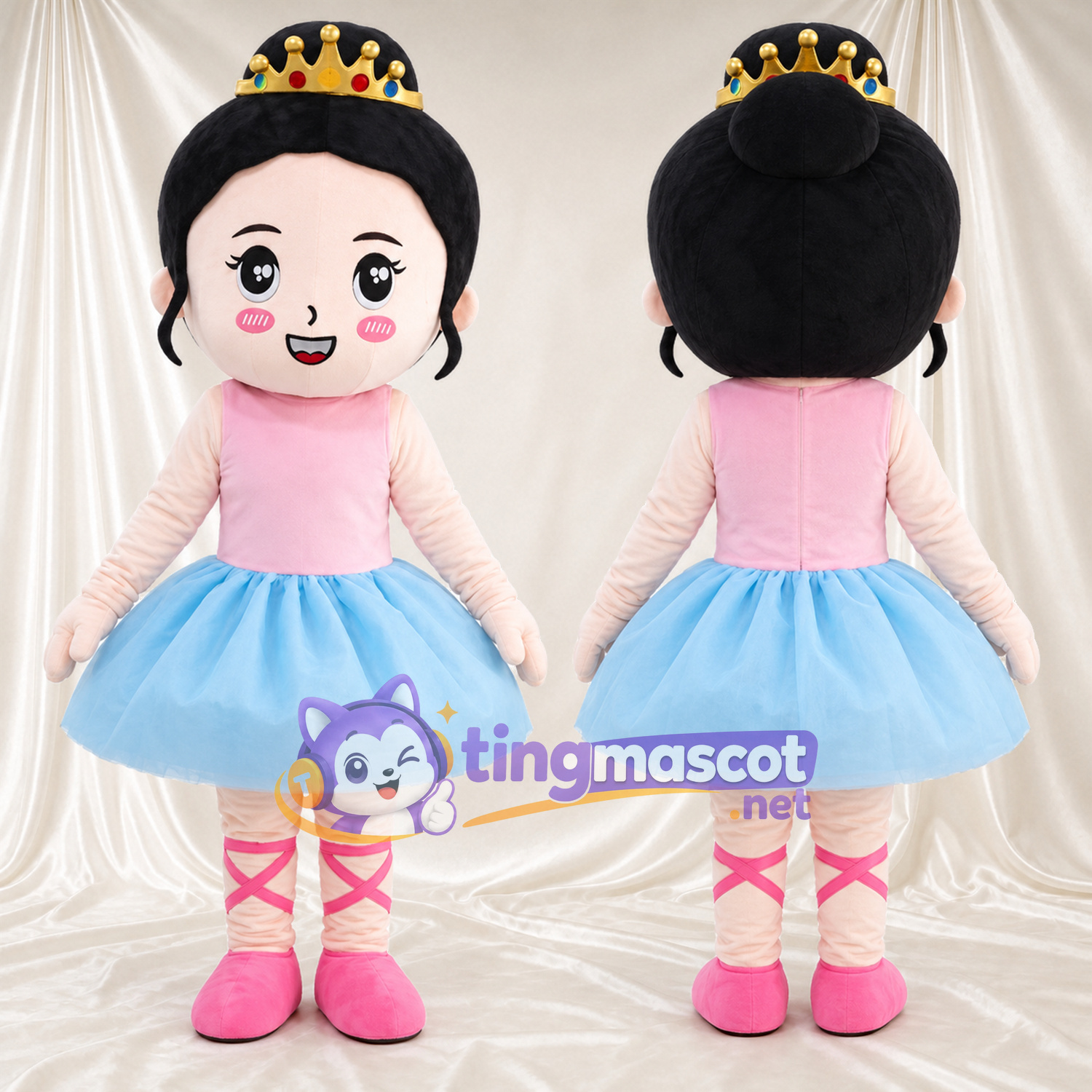 Princess Character Mascot Costume - Gold Crown and Blue Ballet Skirt Princess Character Mascot Costume - Gold Crown and Blue Ballet Skirt