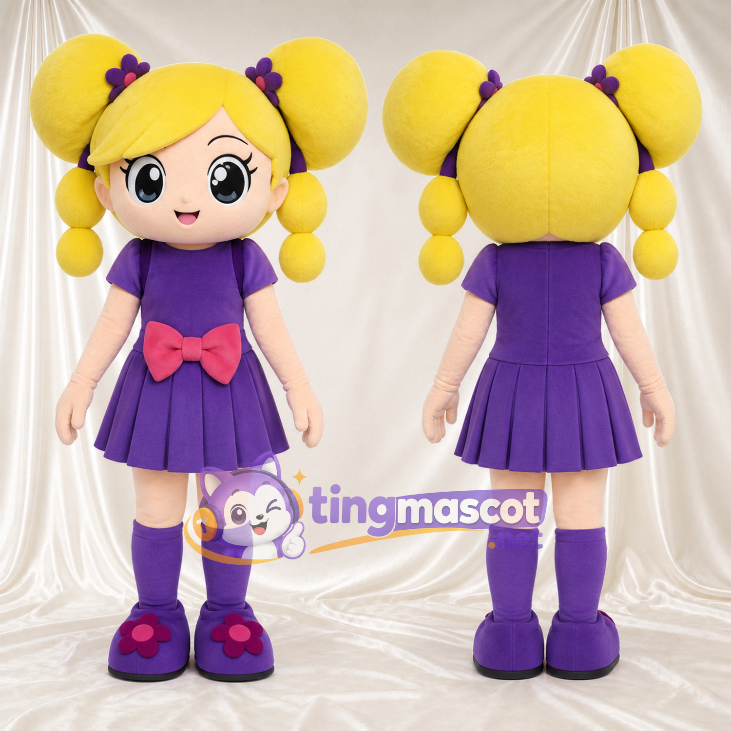Blonde Girl Mascot Costume - Purple Dress and Pink Bow Blonde Girl Mascot Costume - Purple Dress and Pink Bow