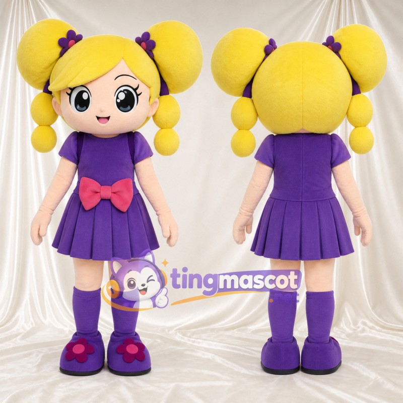 Blonde Girl Mascot Costume - Purple Dress and Pink Bow
