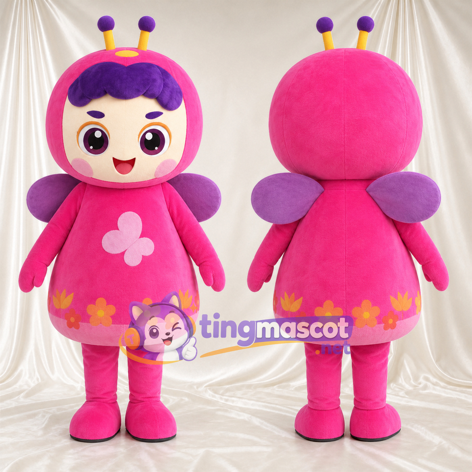 Pink Butterfly Girl Mascot Costume - Flower Dress and Purple Wings Pink Butterfly Girl Mascot Costume - Flower Dress and Purple Wings