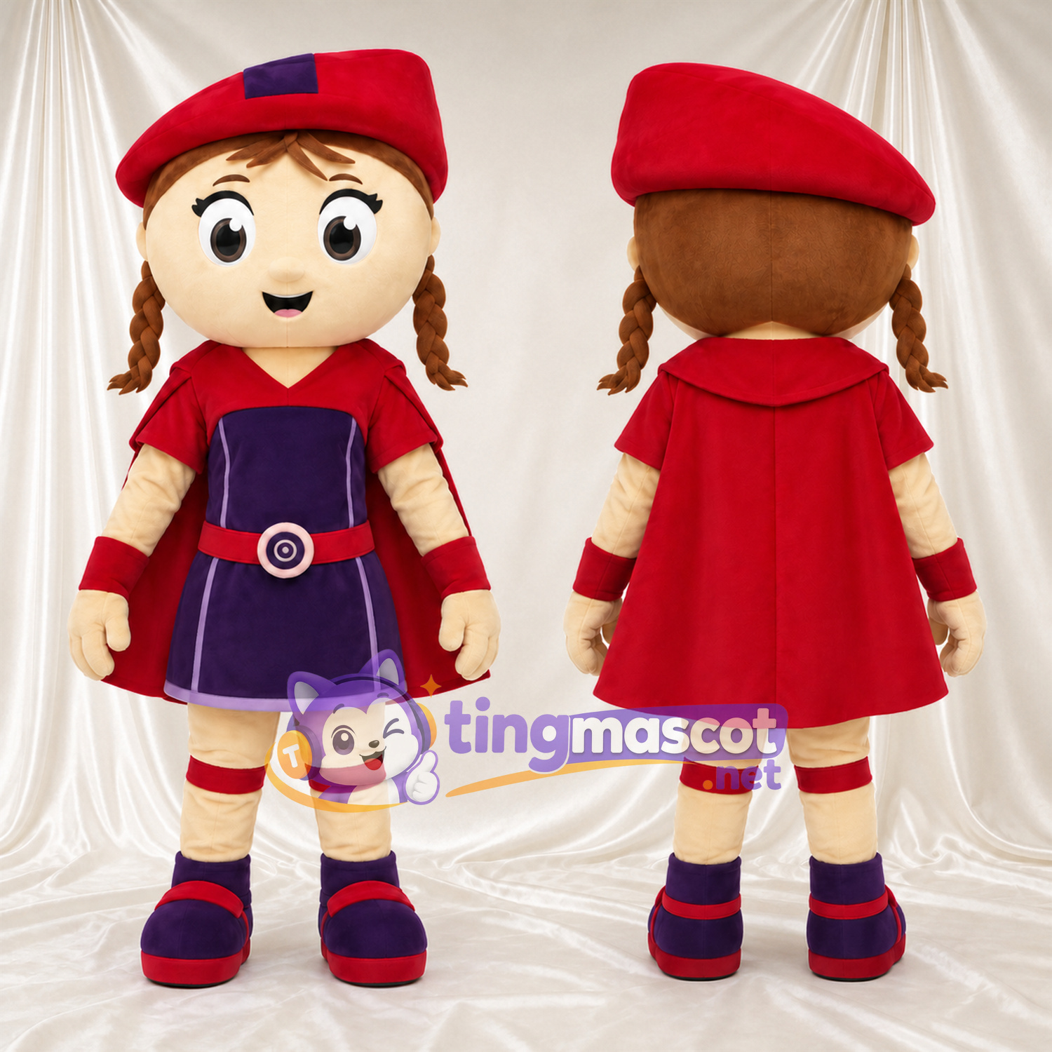 Maskottchenkostüm Mädchenfigur – wie abgebildet – Baskenmütze (rot); Kleid (violett) Maskottchenkostüm Mädchenfigur – wie abgebildet – Baskenmütze (rot); Kleid (violett)