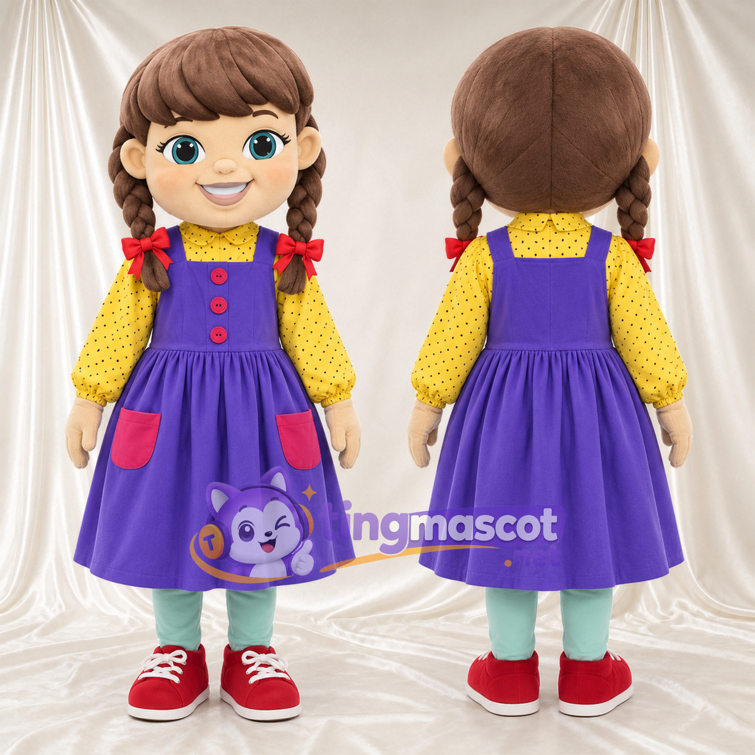 Maskottchenkostüm Mädchenfigur – wie abgebildet – Bluse (violett, gelb) Maskottchenkostüm Mädchenfigur – wie abgebildet – Bluse (violett, gelb)