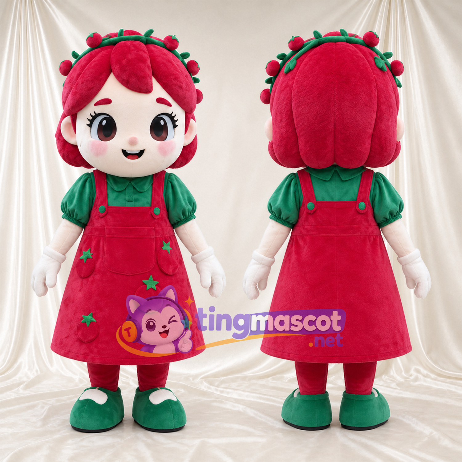 Costume de mascotte Fille – rouge – Étoile (rouge); Chemisier (vert) Costume de mascotte Fille – rouge – Étoile (rouge); Chemisier (vert)