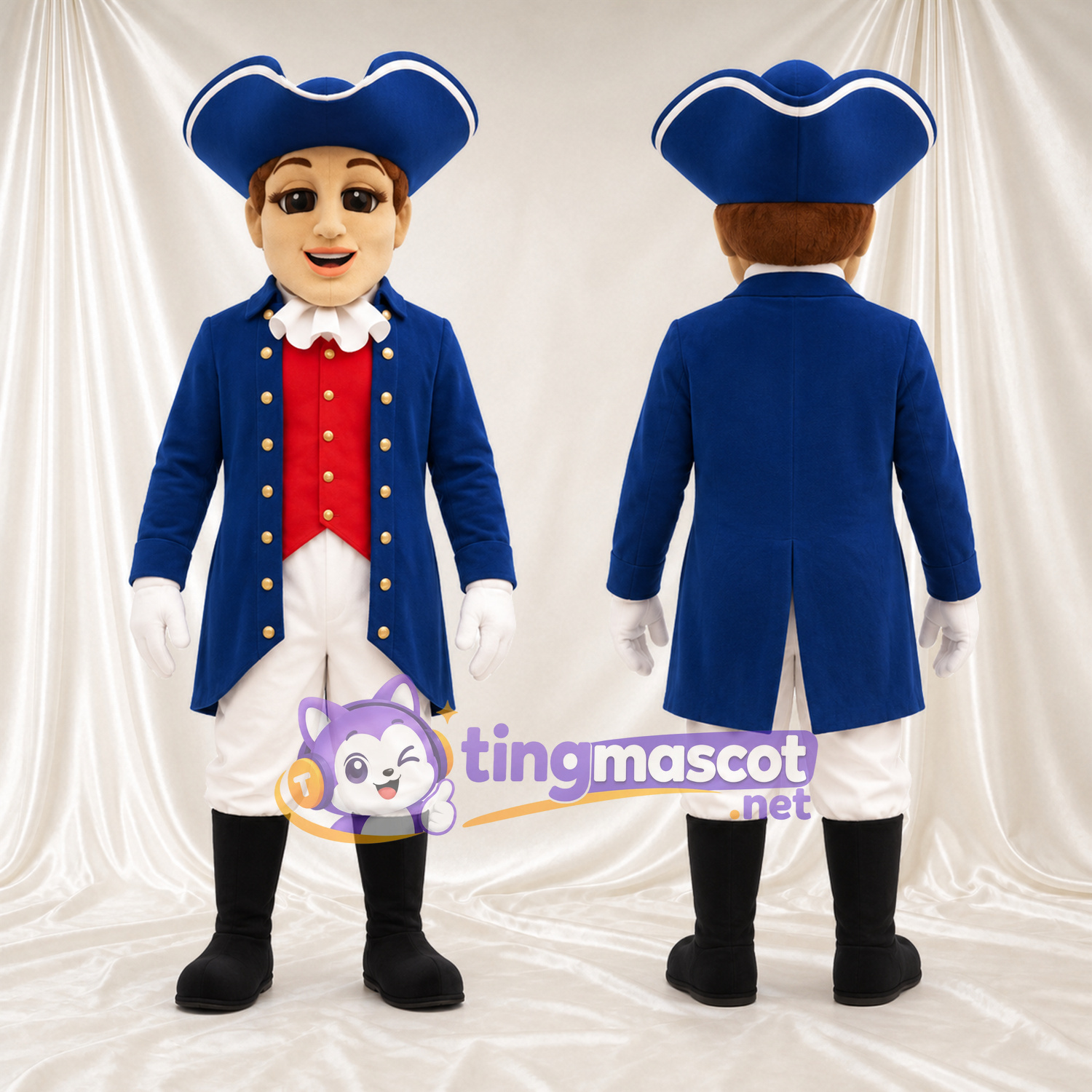 Colonial Woman Mascot Costume - Blue Coat and Tricorn Hat Colonial Woman Mascot Costume - Blue Coat and Tricorn Hat