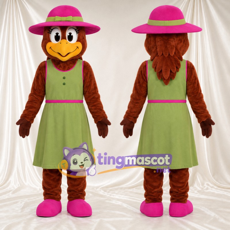 Brown Duck Mascot Costume - Green Dress and Pink Hat