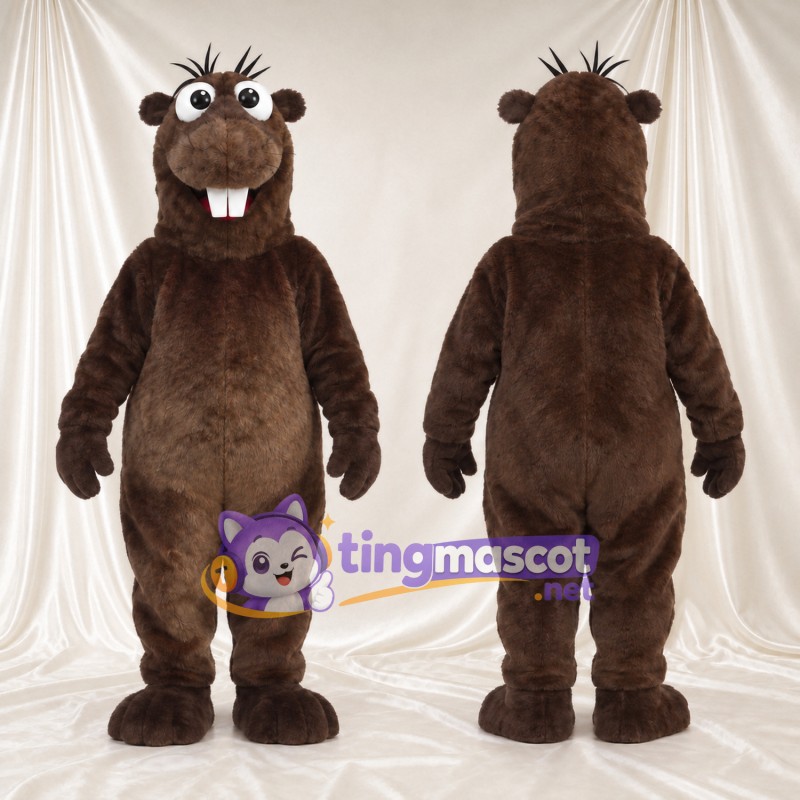 Costume de mascotte Castor – marron – Devant (grand); Dents; Cheveux (à touffes)