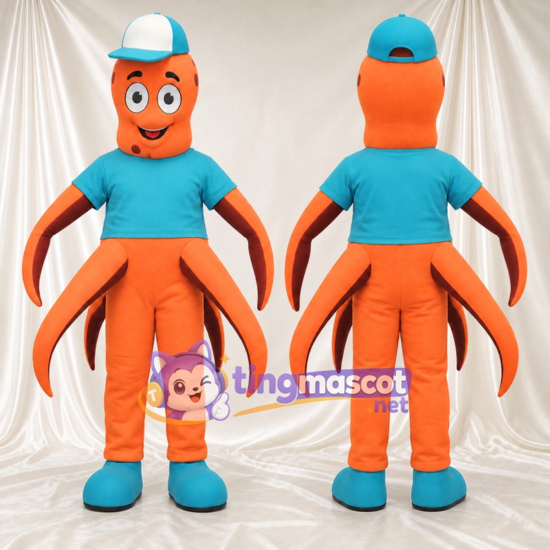 Orange Octopus Mascot Costume - Teal Shirt and Baseball Cap
