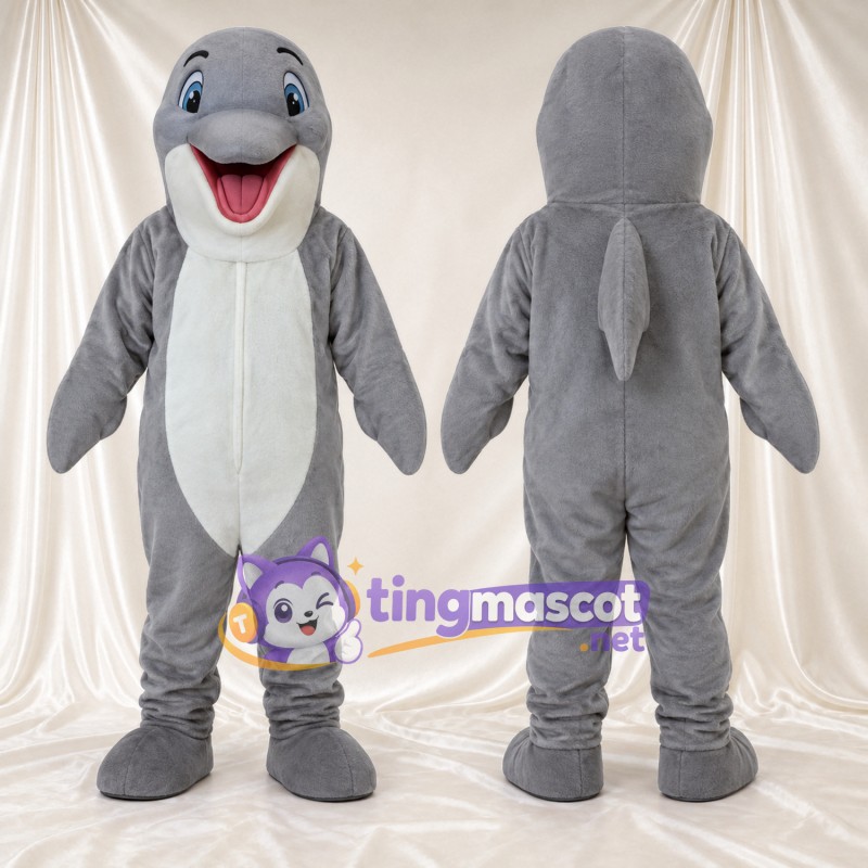 Maskottchenkostüm Delfin – grau – Bauch (weiß); Mund (offen, rosa)