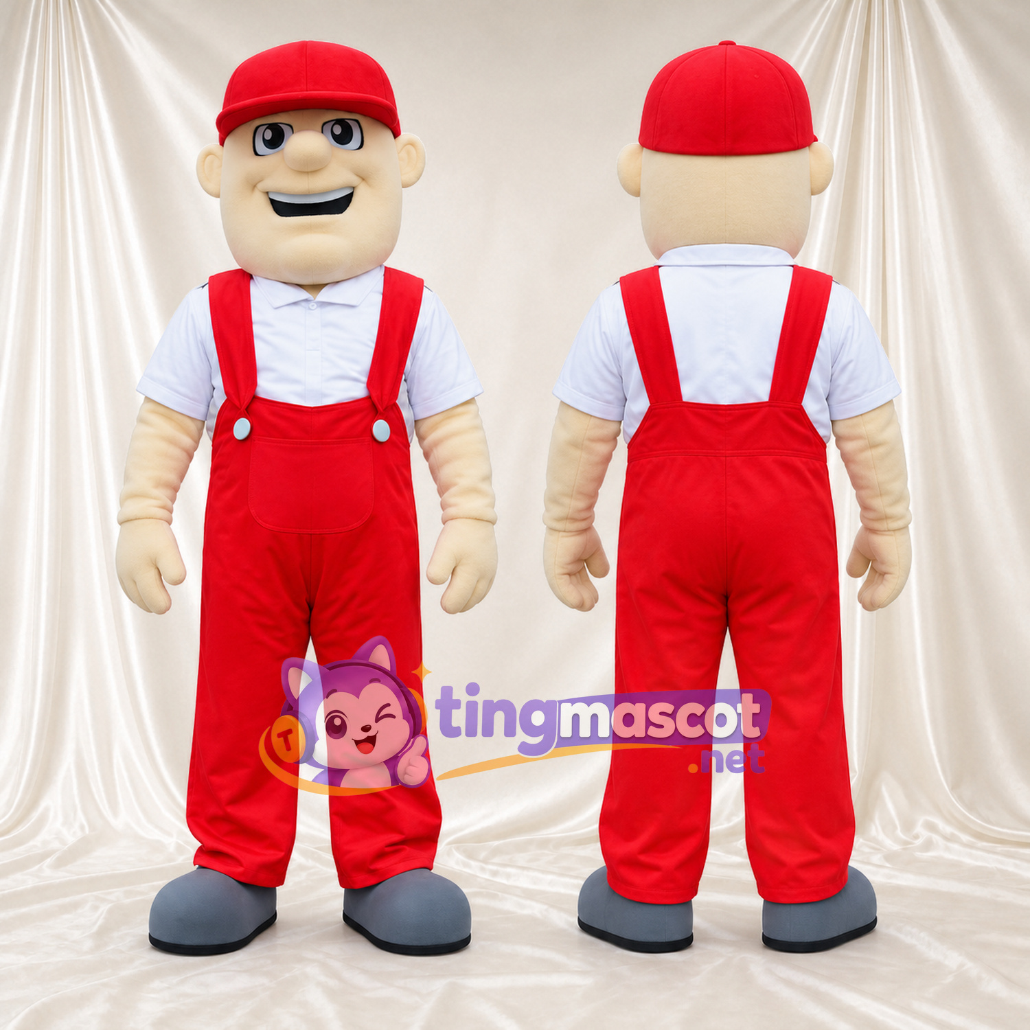 Maskottchenkostüm Arbeiter – wie abgebildet – Latzhose (rot); Kappe Maskottchenkostüm Arbeiter – wie abgebildet – Latzhose (rot); Kappe