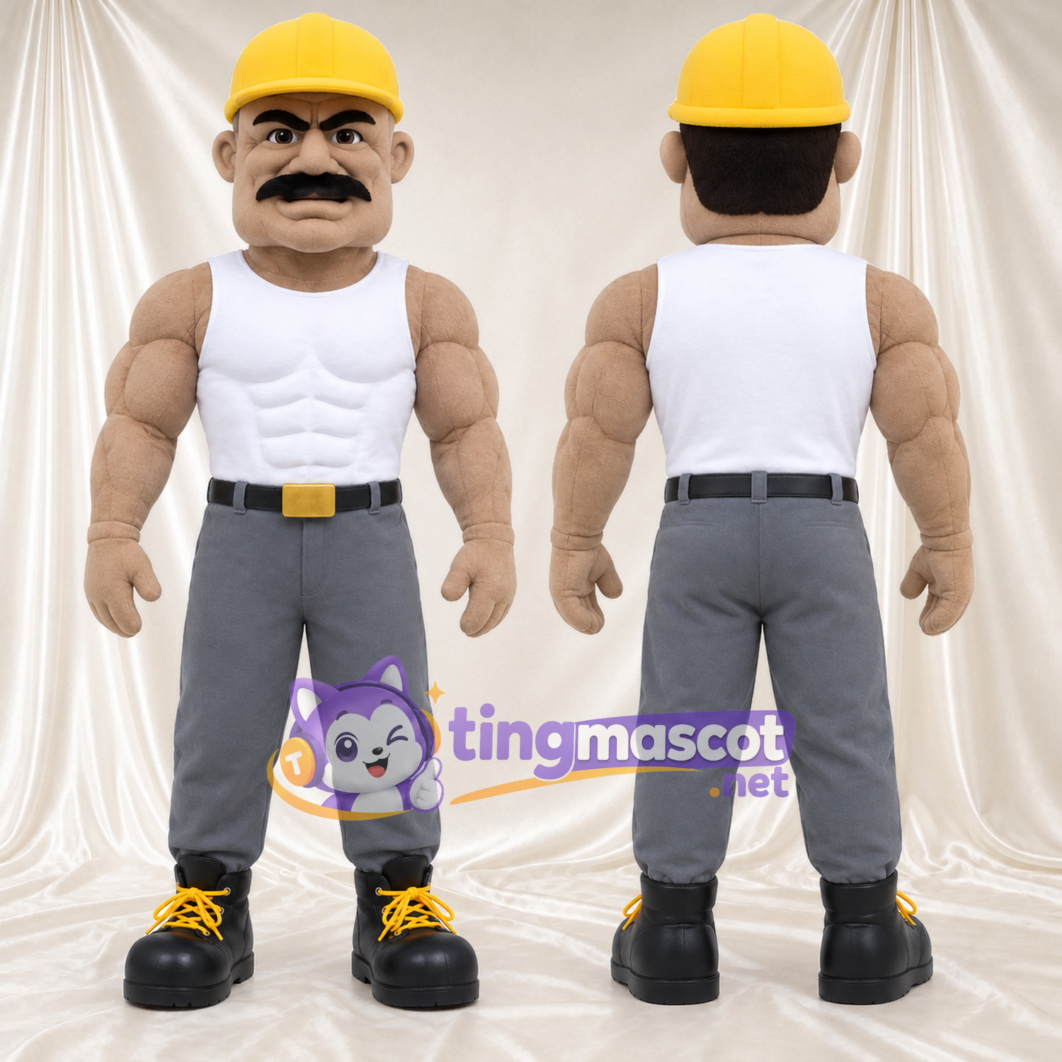 Construction Worker Mascot Costume - Yellow Hard Hat and White Tank Top Construction Worker Mascot Costume - Yellow Hard Hat and White Tank Top