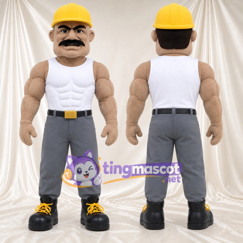 Construction Worker Mascot Costume - Yellow Hard Hat and White Tank Top