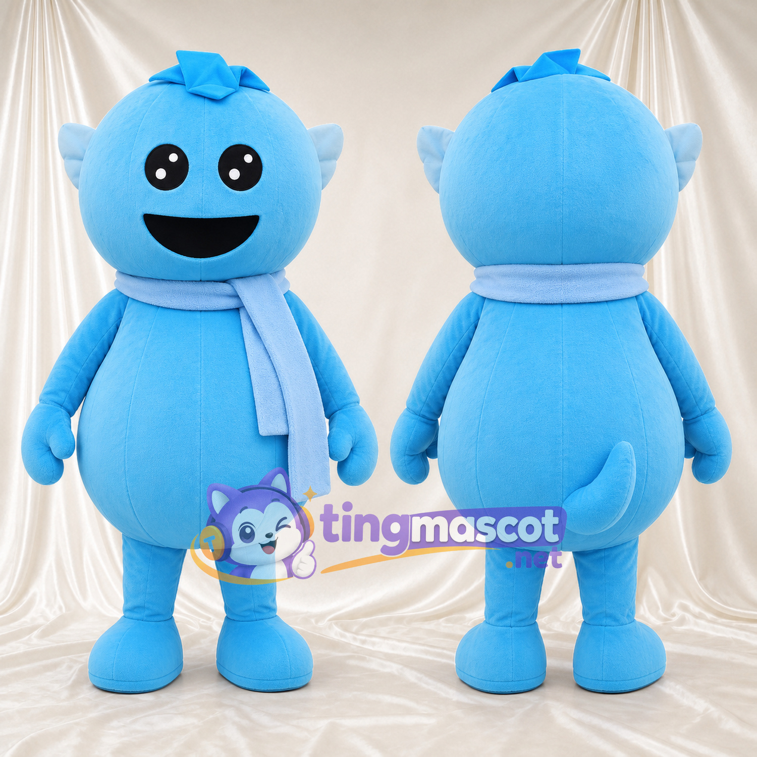 Costume de mascotte Personnage rond – bleu – Écharpe (bleu clair); Ailes (petit) Costume de mascotte Personnage rond – bleu – Écharpe (bleu clair); Ailes (petit)