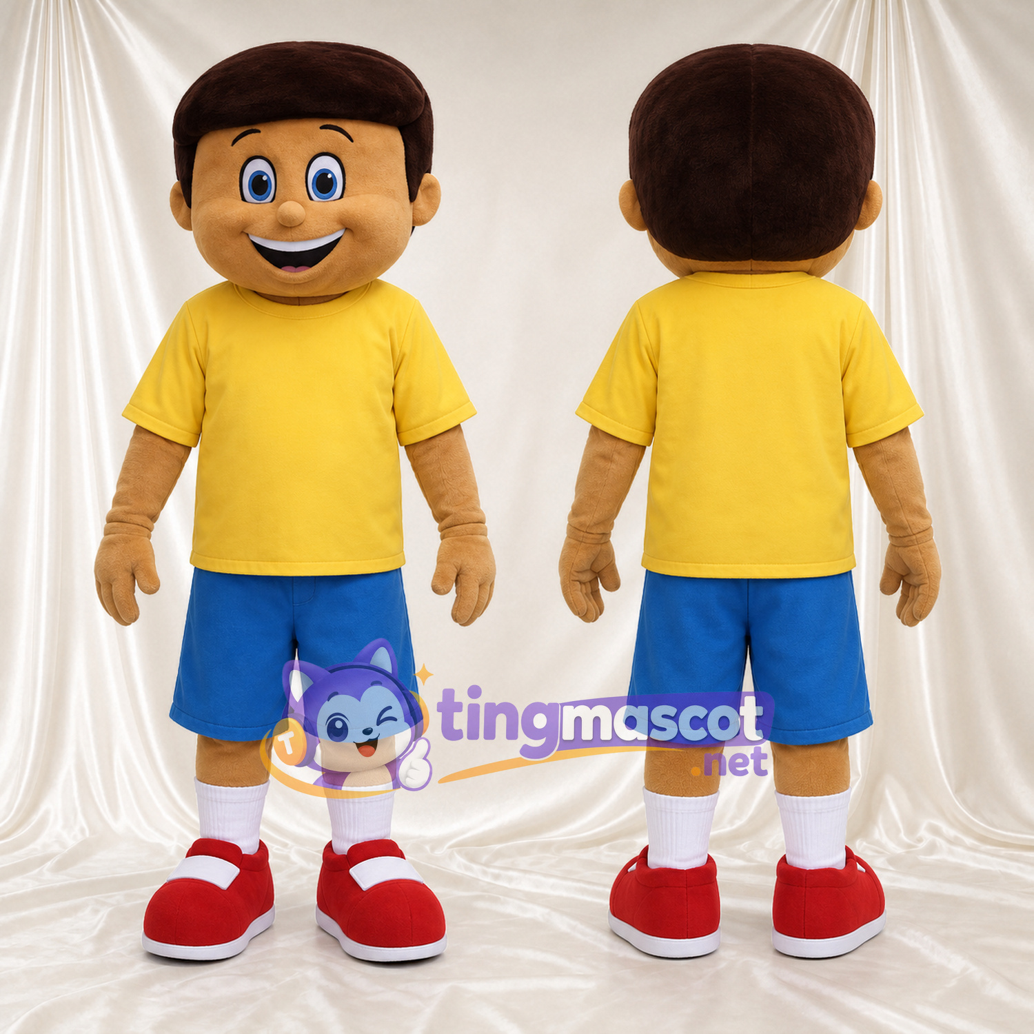Maskottchenkostüm Jungenfigur – wie abgebildet – Hemd (gelb); Shorts (blau) Maskottchenkostüm Jungenfigur – wie abgebildet – Hemd (gelb); Shorts (blau)