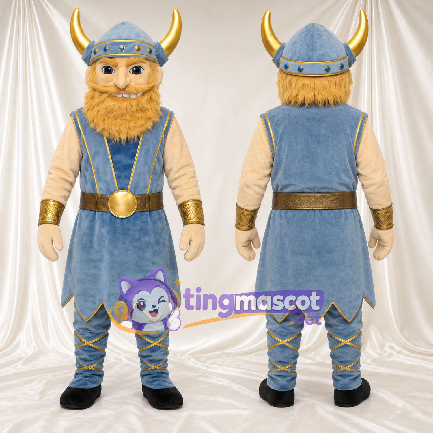 Maskottchenkostüm Wikinger – wie abgebildet – Tunika (blau); Helm (goldfarben) Maskottchenkostüm Wikinger – wie abgebildet – Tunika (blau); Helm (goldfarben)