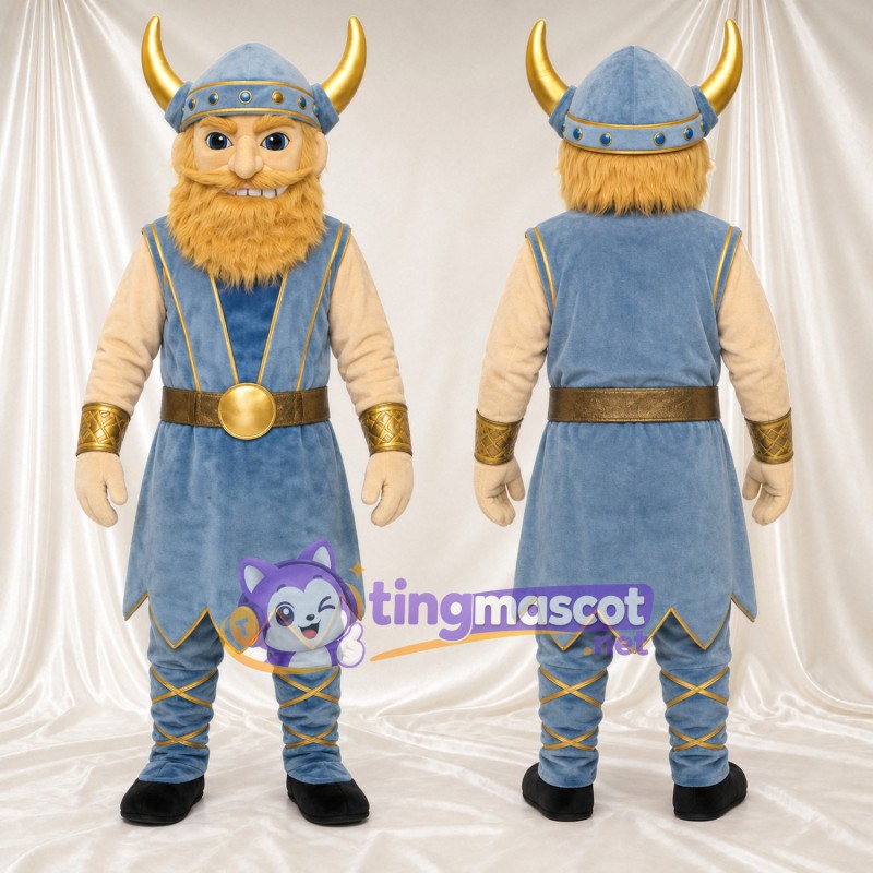 Maskottchenkostüm Wikinger – wie abgebildet – Tunika (blau); Helm (goldfarben)