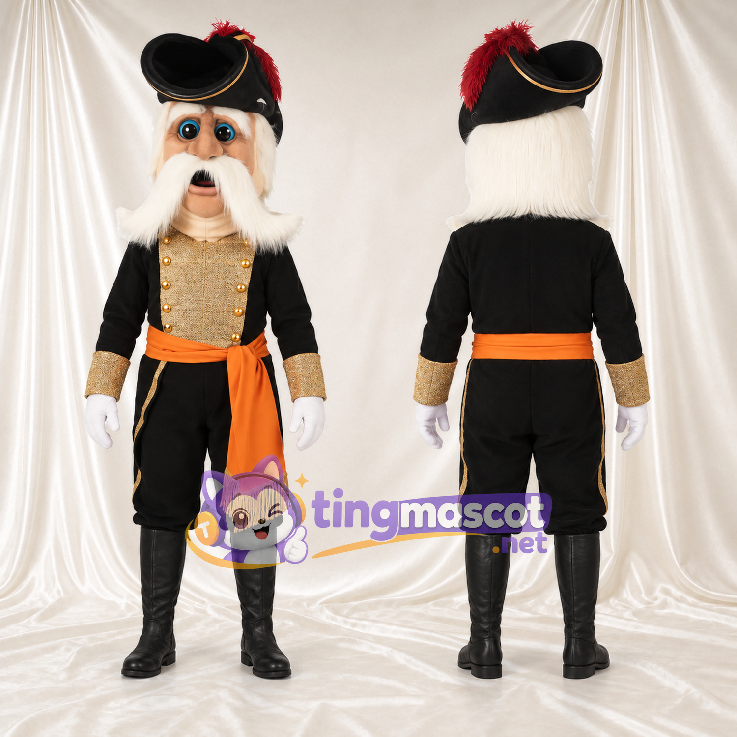 Maskottchenkostüm Pirat – wie abgebildet – Mantel (schwarz); Schärpe (orange) Maskottchenkostüm Pirat – wie abgebildet – Mantel (schwarz); Schärpe (orange)
