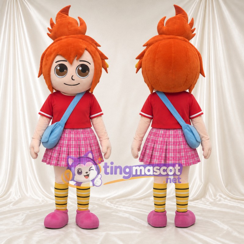 Costume de mascotte Fille – orange – Chemise (rouge); Jupe (rose, écossais)