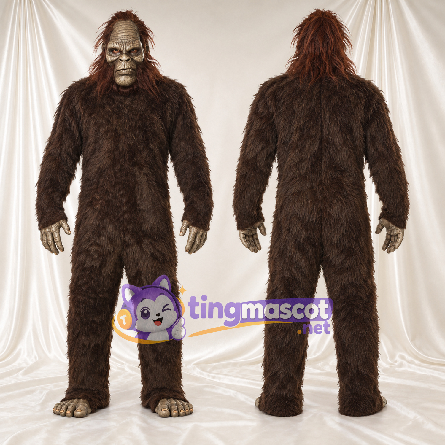 Costume de mascotte Bigfoot – marron – Fourrure hirsute (long); Visage (gris) Costume de mascotte Bigfoot – marron – Fourrure hirsute (long); Visage (gris)