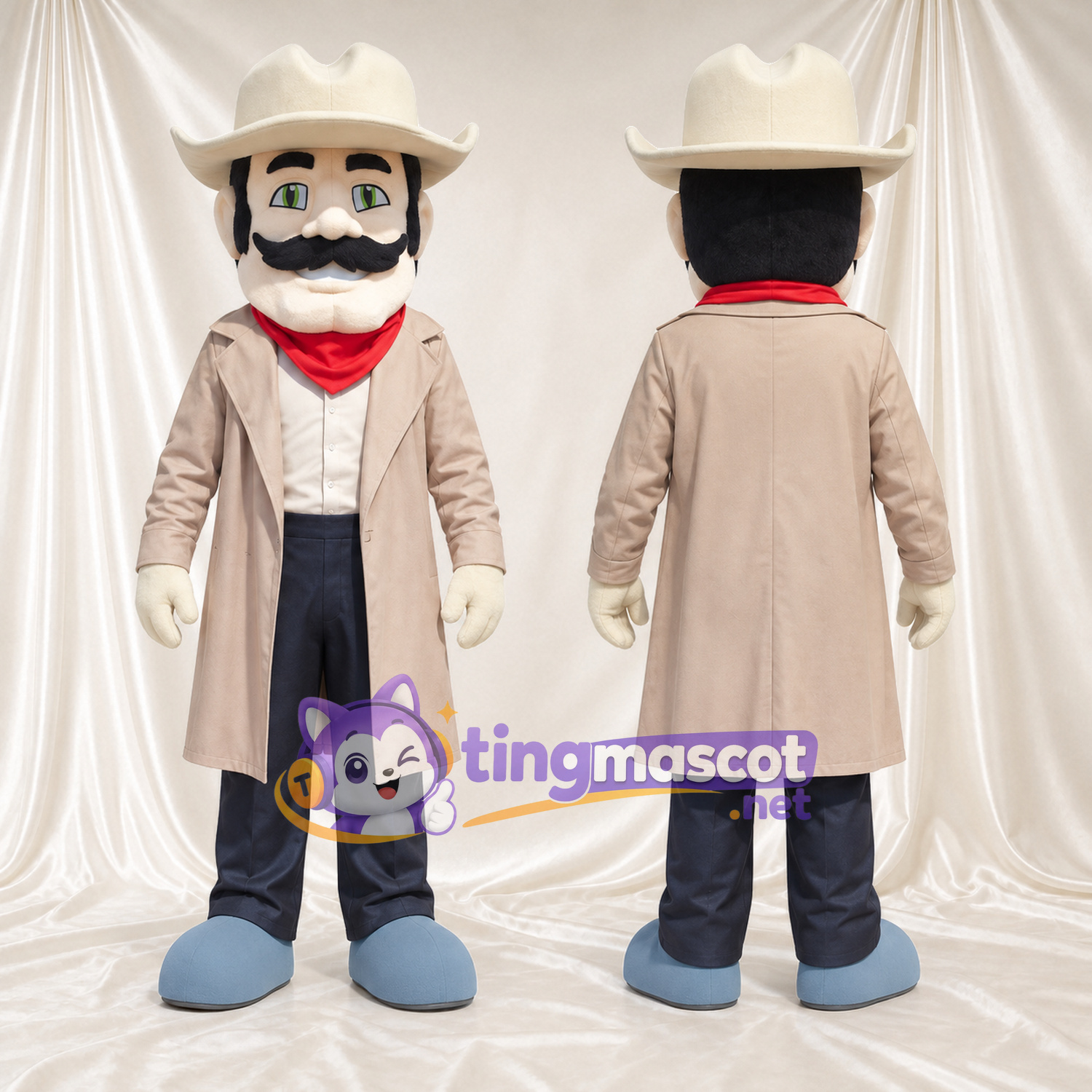 Costume de mascotte Personnage de cowboy – selon la photo – Chapeau (crème); Manteau (long, brun clair) Costume de mascotte Personnage de cowboy – selon la photo – Chapeau (crème); Manteau (long, brun clair)