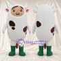 Costume de mascotte personnage en tenue de vache – corps blanc tacheté et bottes vertes