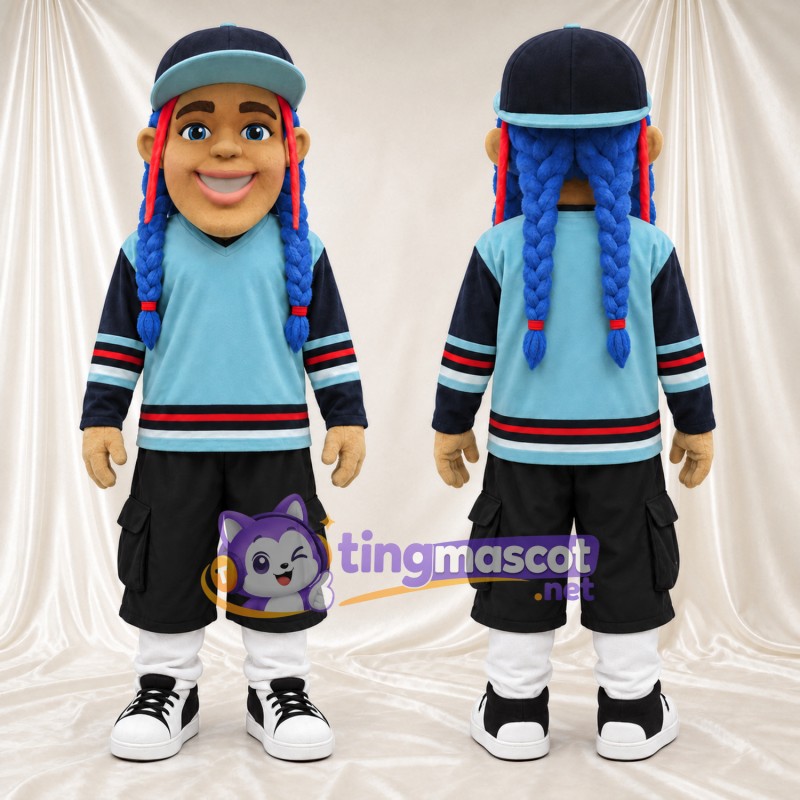 Boy Character Mascot Costume - Blue Braids and Black Cargo Shorts