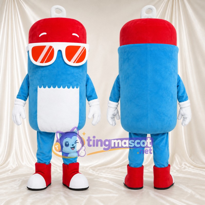 Costume de mascotte Canette de boisson – bleu – Casquette (rouge); Lunettes de soleil (orange)