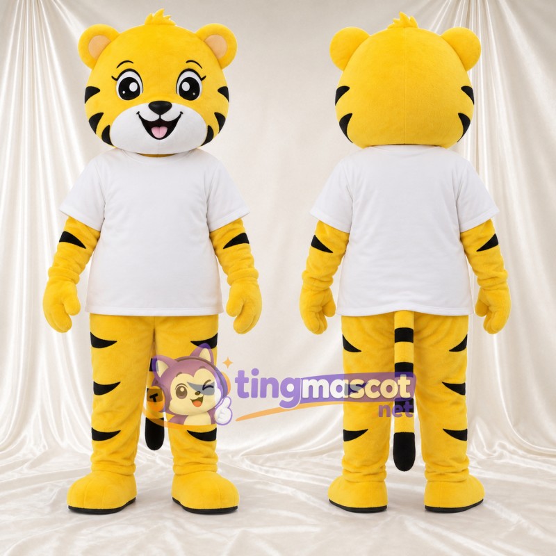 Costume de mascotte Tigre – jaune – T-shirt (blanc); Rayures (noir)