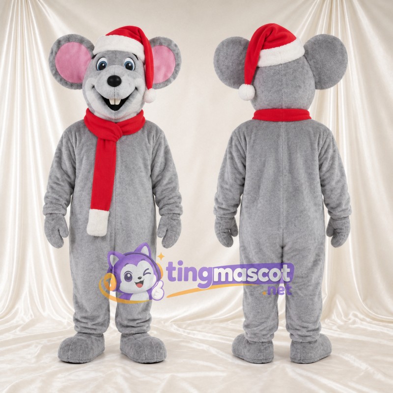 Costume de mascotte Souris – gris – Bonnet de Noël; Écharpe (rouge)
