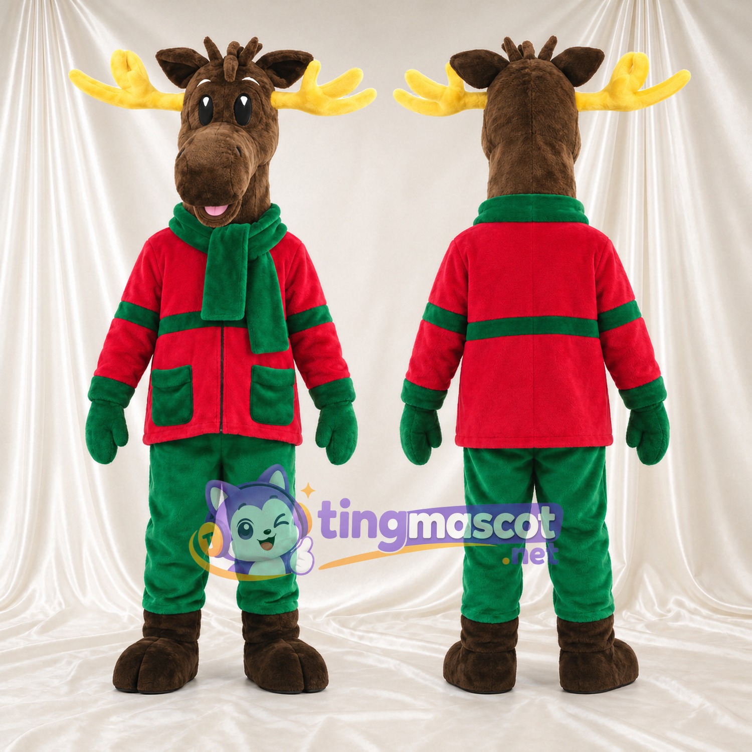 Brown Moose Mascot Costume - Red-Green Jacket and Green Scarf Brown Moose Mascot Costume - Red-Green Jacket and Green Scarf