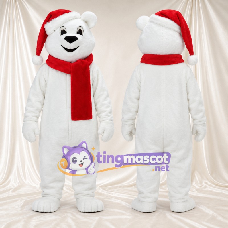 Costume de mascotte Ours polaire – blanc – Bonnet de Noël; Écharpe (rouge)