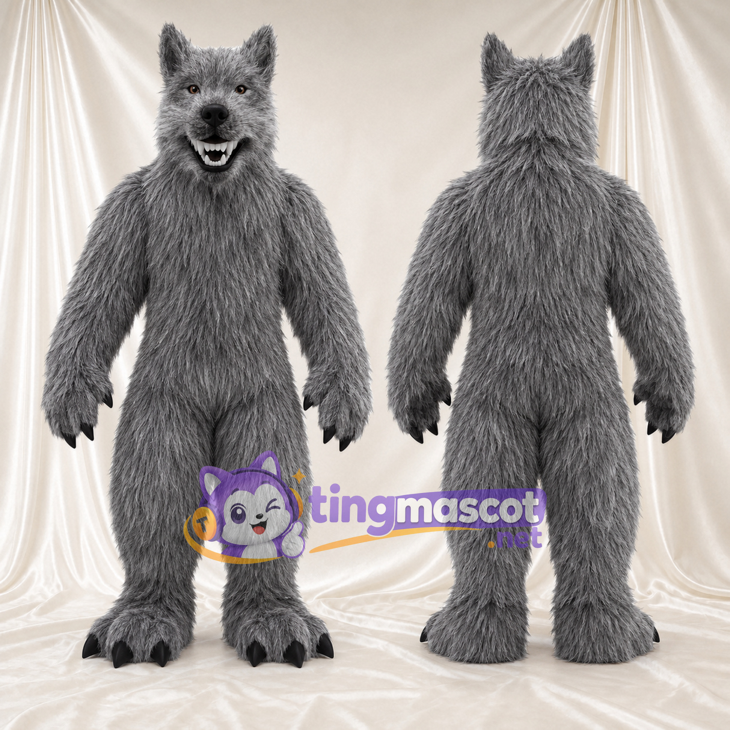 Maskottchenkostüm Werwolf – grau – Fell (lang); Füße (groß) Maskottchenkostüm Werwolf – grau – Fell (lang); Füße (groß)