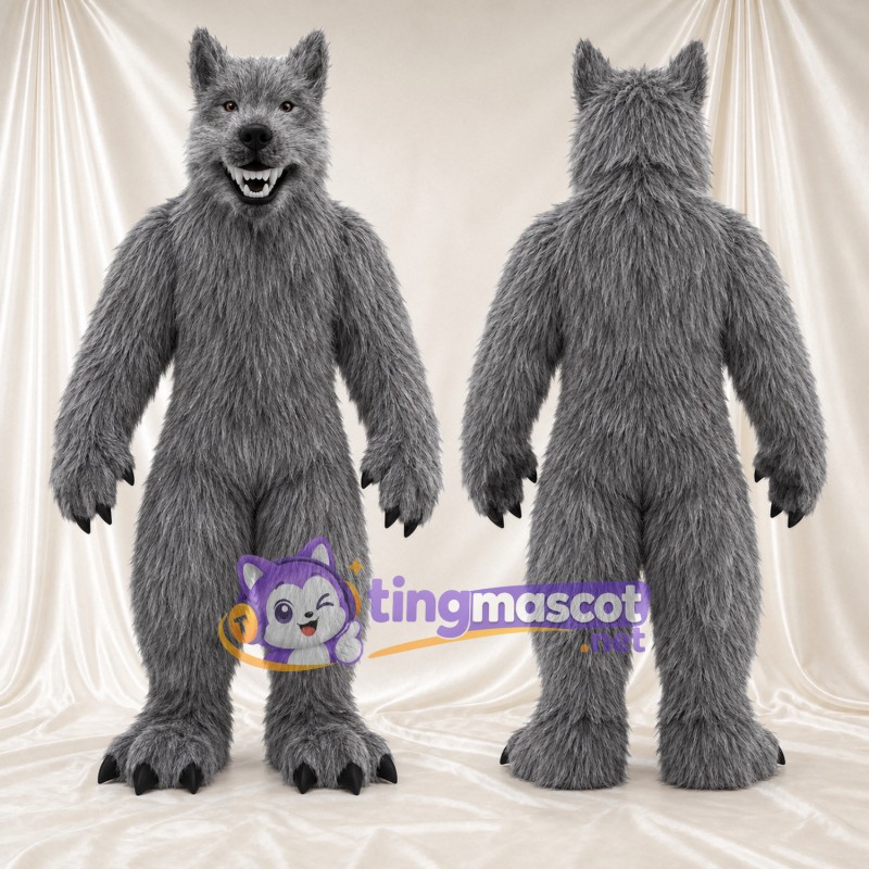 Maskottchenkostüm Werwolf – grau – Fell (lang); Füße (groß)