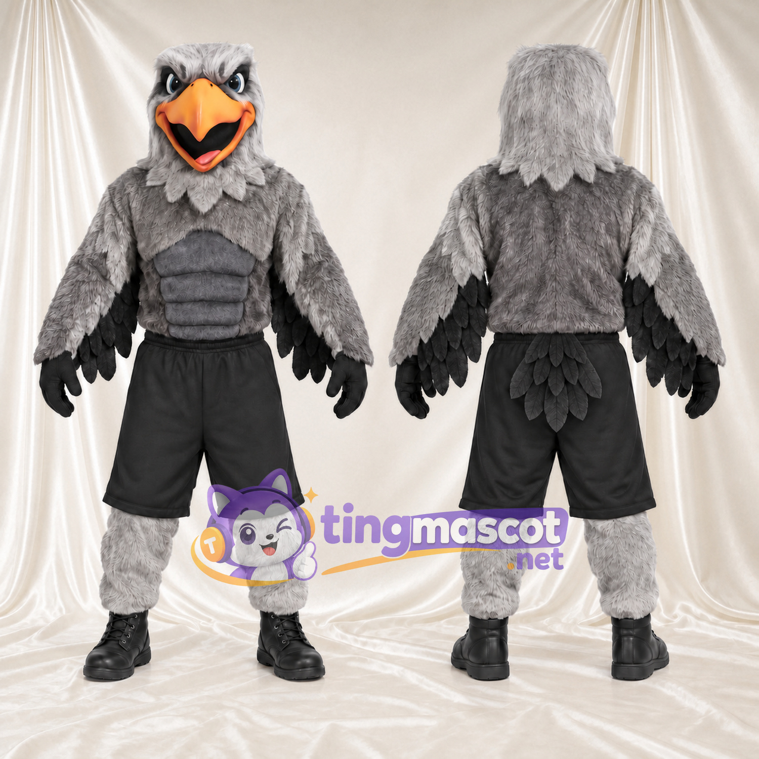 Maskottchenkostüm Adler – grau – Brust (muskulös); Shorts (schwarz) Maskottchenkostüm Adler – grau – Brust (muskulös); Shorts (schwarz)