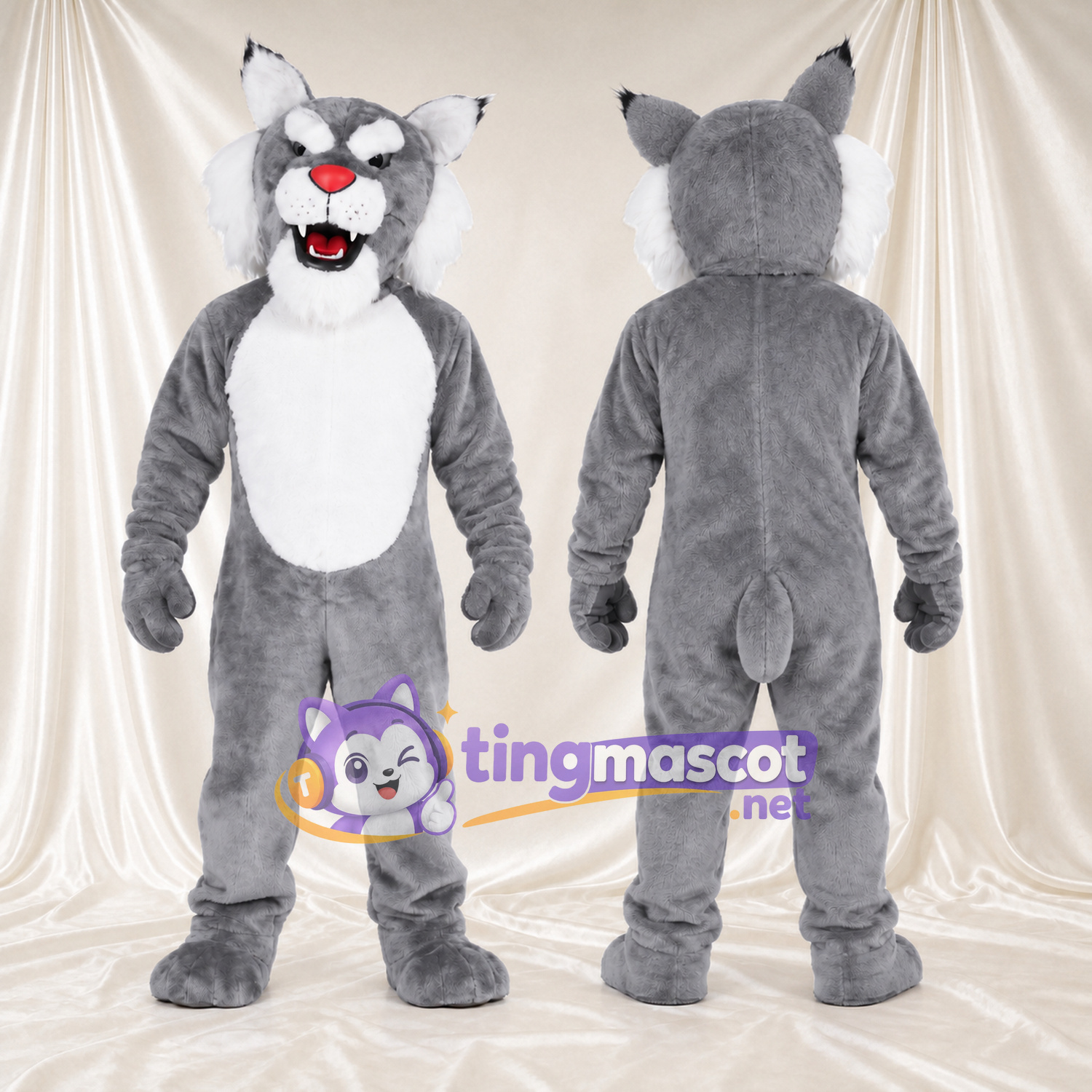 Costume de mascotte Chat sauvage – gris – Nez (rouge); Joues (hirsute, blanc) Costume de mascotte Chat sauvage – gris – Nez (rouge); Joues (hirsute, blanc)