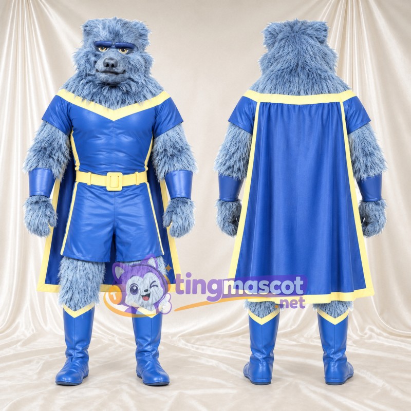Costume de mascotte Gorille – bleu – Costume (bleu); Cape (jaune); Bordure