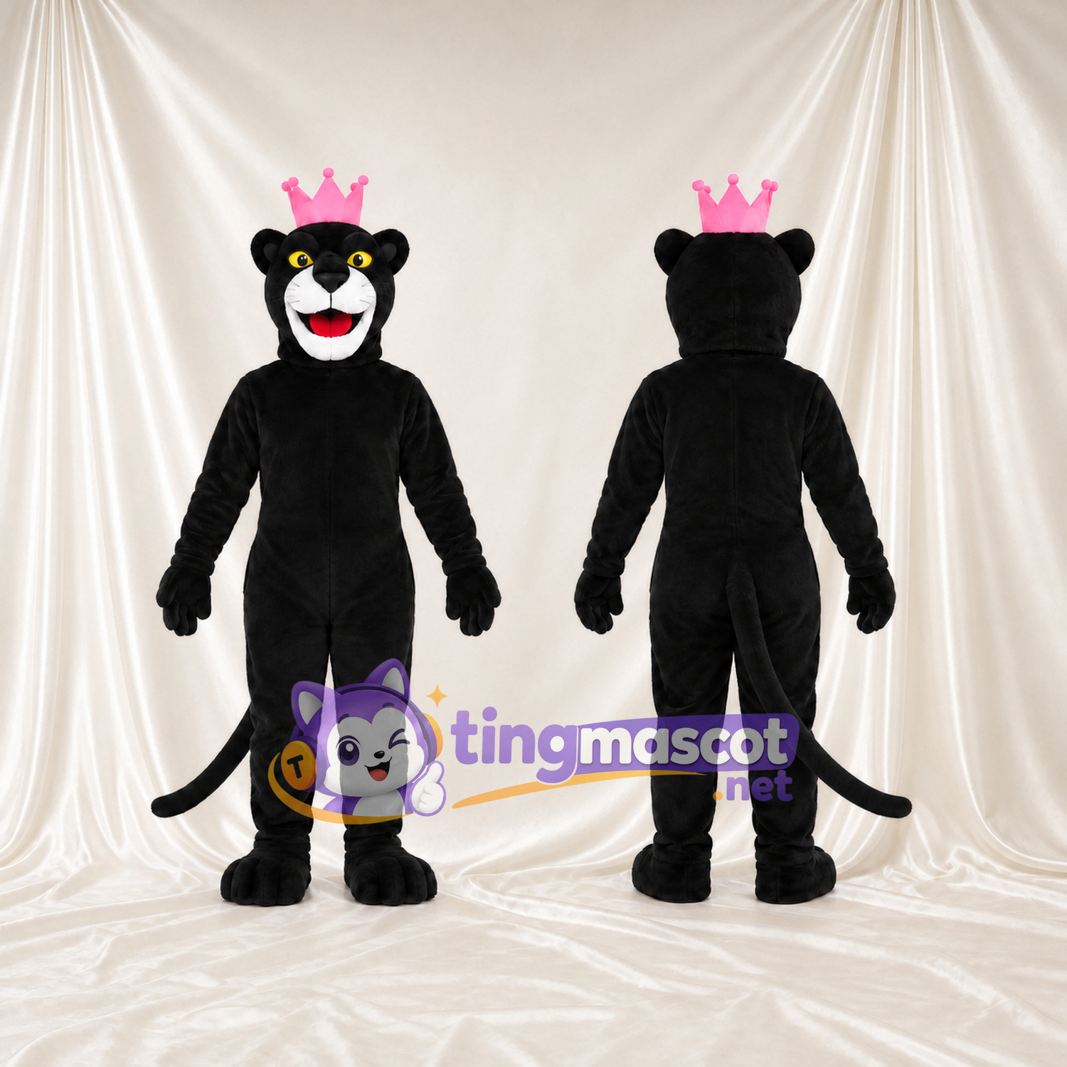 Black Panther King Mascot Costume - Pink Crown and White Muzzle Black Panther King Mascot Costume - Pink Crown and White Muzzle