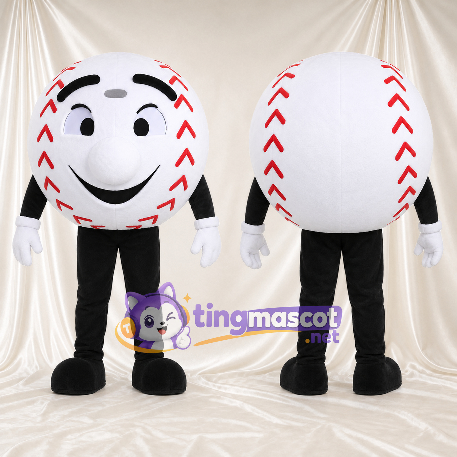 Costume de mascotte Balle de baseball – selon la photo – Visage souriant; Membres (noir) Costume de mascotte Balle de baseball – selon la photo – Visage souriant; Membres (noir)